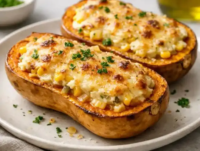 Calabaza rellena al horno gratinada con parmesano, ma&iacute;z y ricota, servida en plato neutro con luz natural