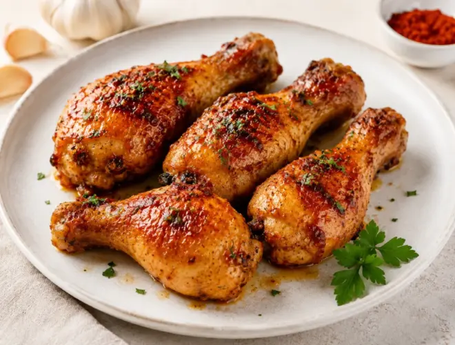 Muslos de pollo marinados con ajo y pimentón al horno, dorados y jugosos, servidos en plato blanco con atrezzo mínimo.
