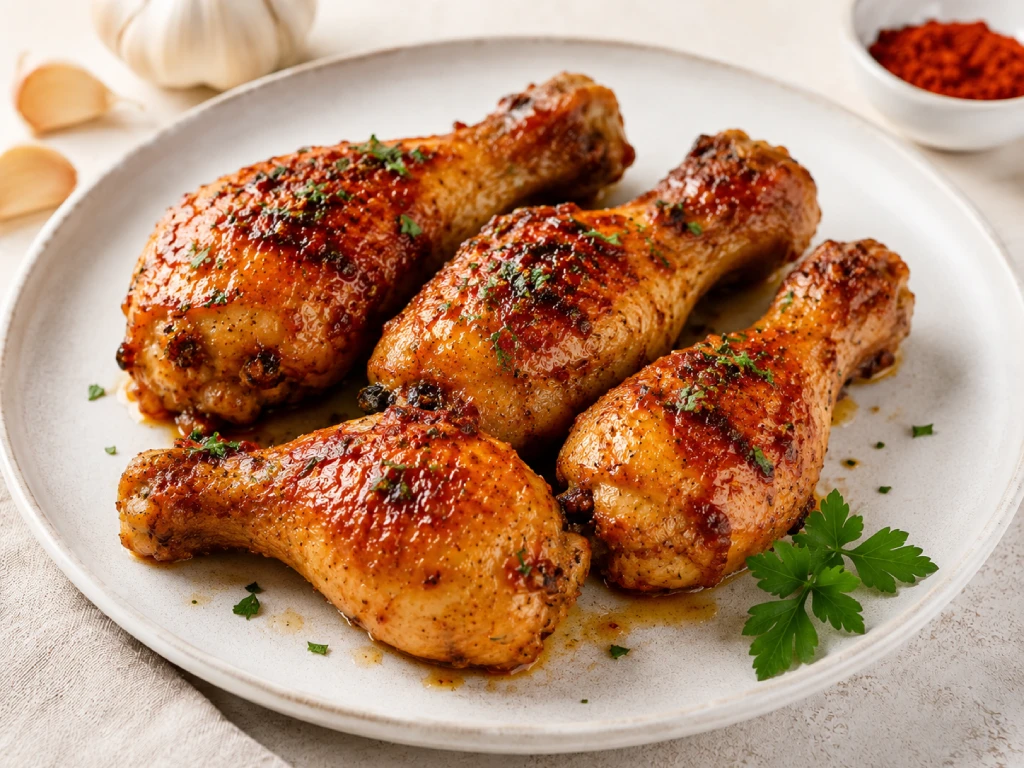 Muslos de pollo marinados con ajo y piment&oacute;n al horno, dorados y jugosos, servidos en plato blanco con atrezzo m&iacute;nimo.