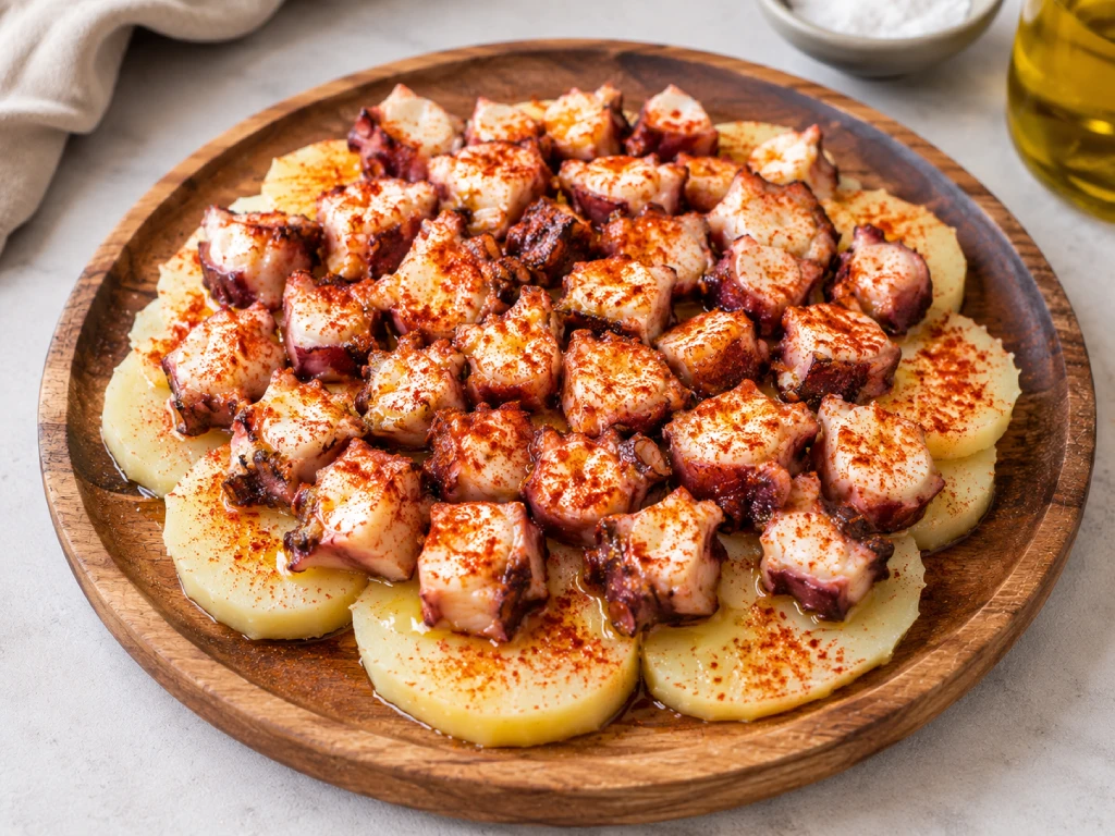 Pulpo a la gallega f&aacute;cil servido sobre patatas cocidas con piment&oacute;n dulce, aceite de oliva y sal en escamas, en tabla de madera y luz natural.