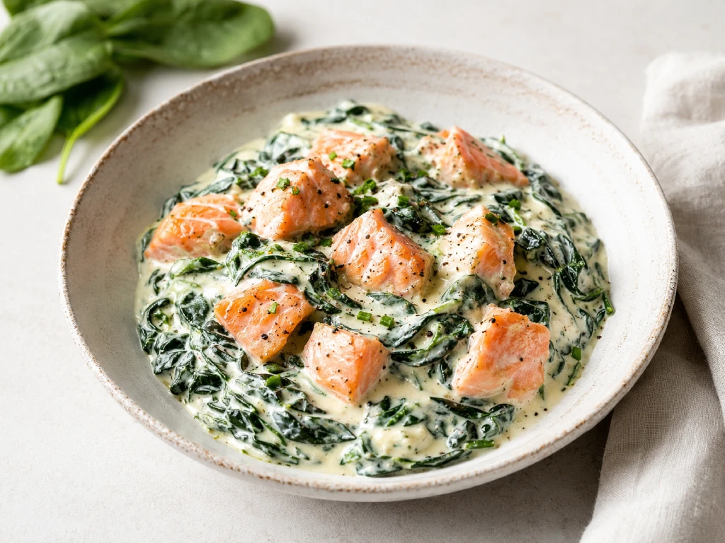 Espinacas a la crema con salm&oacute;n gratinadas en fuente blanca, con espinacas cremosas y dados de salm&oacute;n dorados en luz natural.