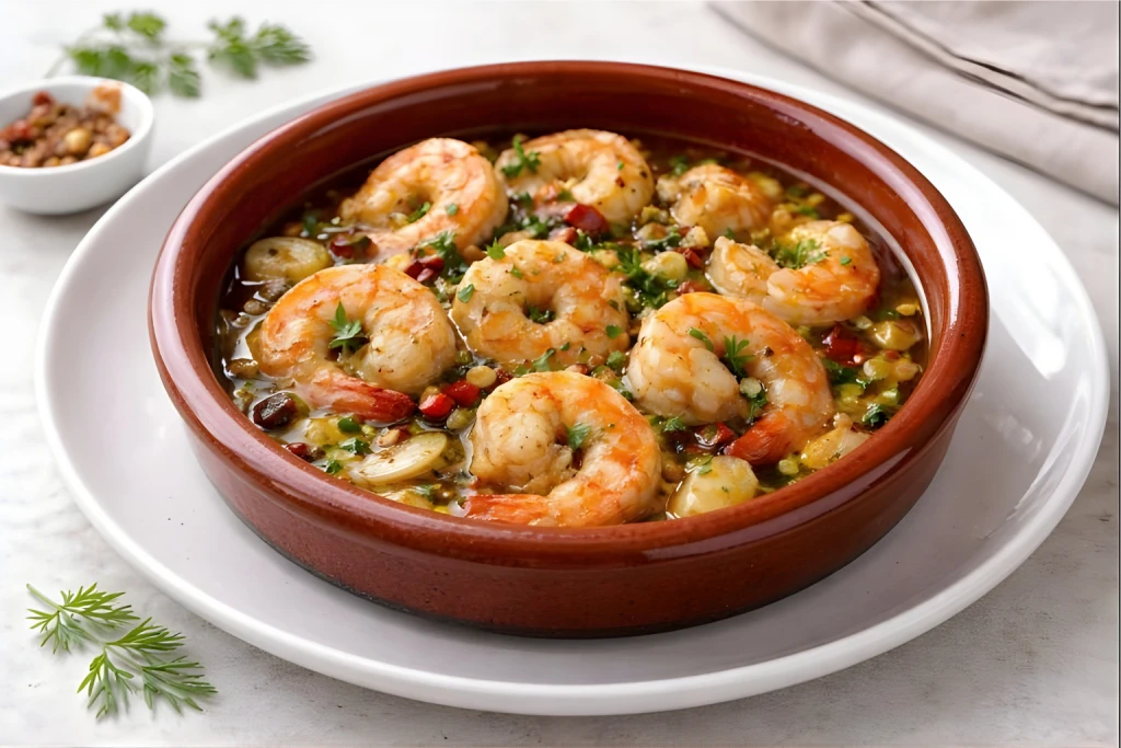 Gambas al pil pil con ajo laminado y guindilla en aceite de oliva, fotograf&iacute;a gourmet luminosa sobre fondo neutro