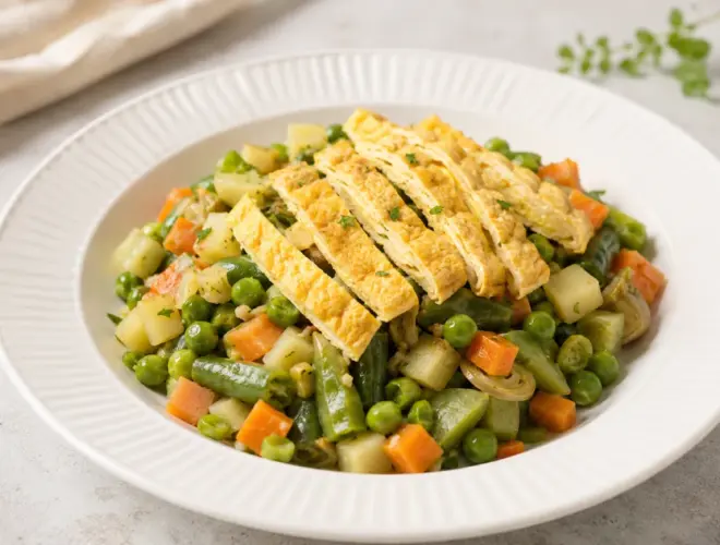 Menestra de verduras salteada con tiras de tortilla francesa, servida en plato blanco con luz natural.