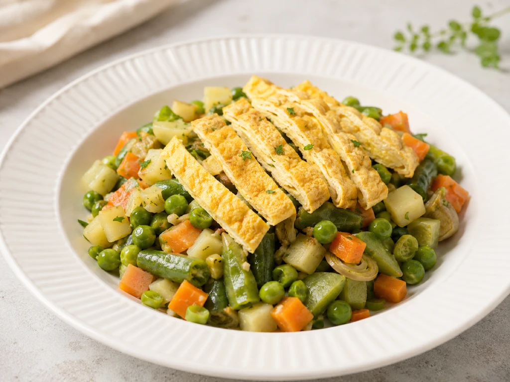 Menestra de verduras salteada con tiras de tortilla francesa, servida en plato blanco con luz natural.