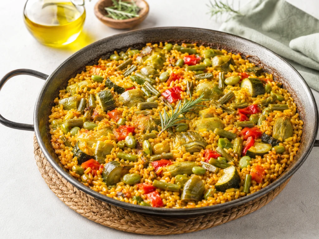 Paella de verdura con arroz de grano redondo, jud&iacute;as verdes, alcachofas, garrof&oacute;n y esp&aacute;rragos verdes servida en plato blanco con luz natural