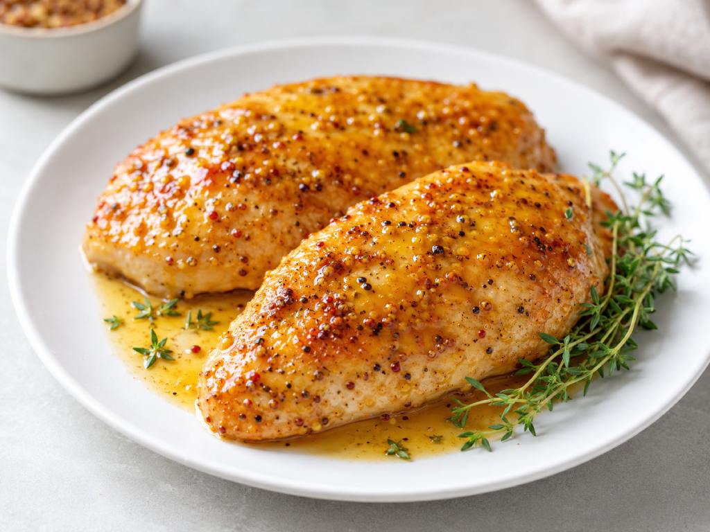 Pechuga de pollo con mostaza y miel al horno, jugosa y dorada con glaseado agridulce