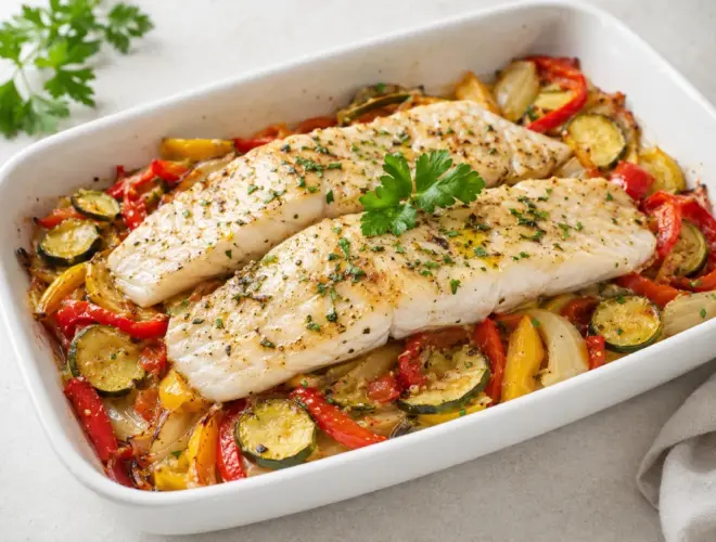 Pescado al horno con cama de verdura con majadillo de ajo, perejil y lim&oacute;n, servido en fuente blanca con verduras asadas.
