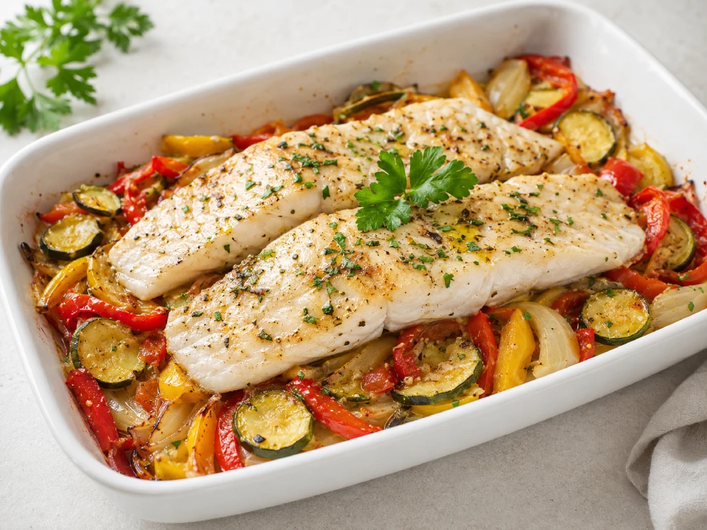 Pescado al horno con cama de verdura con majadillo de ajo, perejil y lim&oacute;n, servido en fuente blanca con verduras asadas.