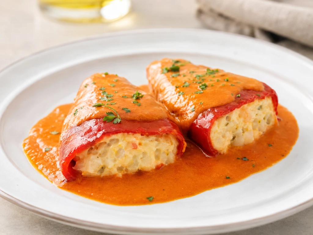 Pimientos del piquillo rellenos de bacalao al horno con salsa de tomate y gratinado ligero