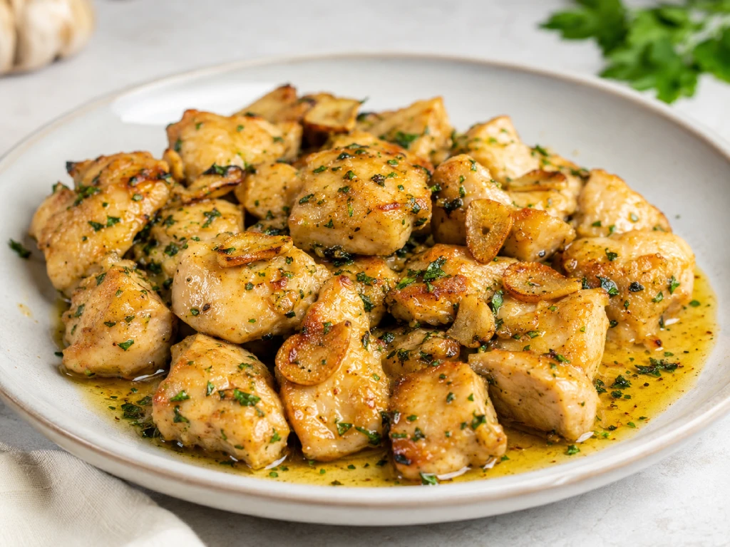 Pollo al ajillo tradicional con pollo dorado y ajos en salsa de aceite de oliva