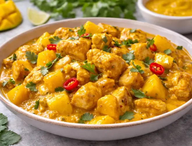 Pollo al curry con salsa de mango, servido to blanco con luz natural y fondo neutro.
