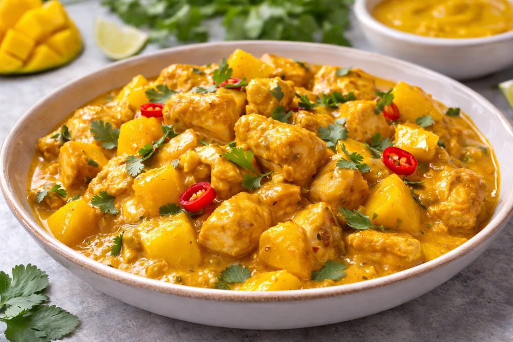 Pollo al curry con salsa de mango, servido to blanco con luz natural y fondo neutro.