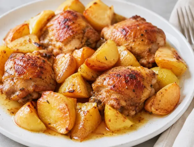 Pollo con manzana y patata al horno, jugoso y dorado, servido en plato blanco con patata asada y manzana melosa