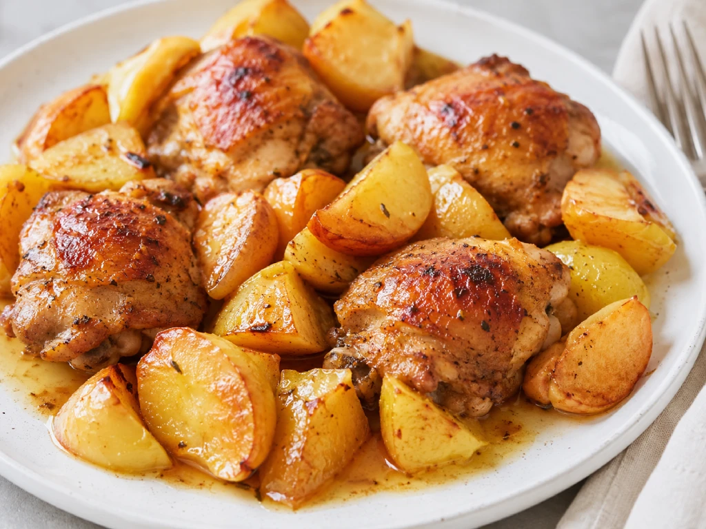 Pollo con manzana y patata al horno, jugoso y dorado, servido en plato blanco con patata asada y manzana melosa