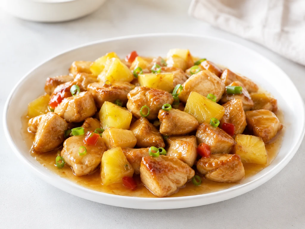 Pollo con pi&ntilde;a jugoso y agridulce servido en plato blanco con dados de pi&ntilde;a y salsa ligera, estilo gourmet y fondo neutro