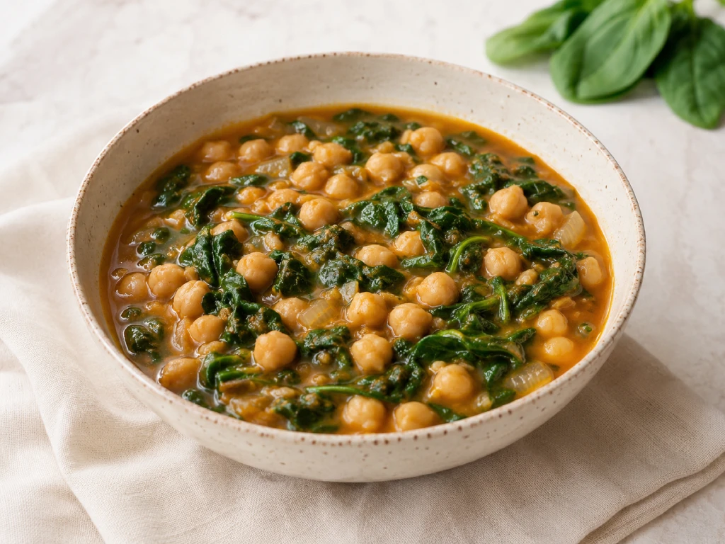 Potaje de garbanzos con espinacas servido en cuenco de cer&aacute;mica, guiso tradicional de cuchara con caldo espeso, foto luminosa y fondo neutro.