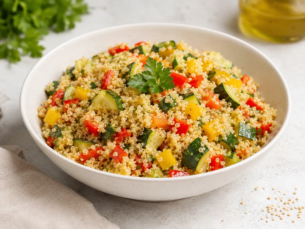 Quinoa con verdura salteada (calabac&iacute;n, pimiento rojo, tomate, zanahoria y cebolla) en cuenco blanco, fotograf&iacute;a luminosa y realista.