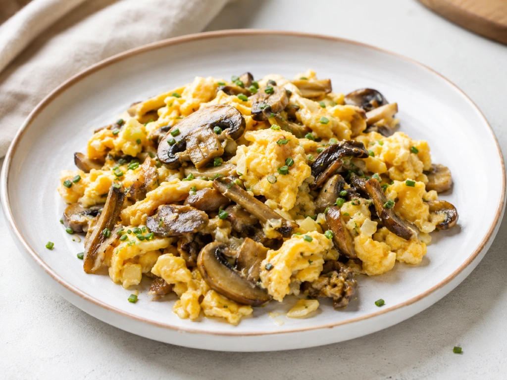 Revuelto de setas cremoso con huevo jugoso y setas salteadas, servido en plato blanco con luz natural y fondo neutro