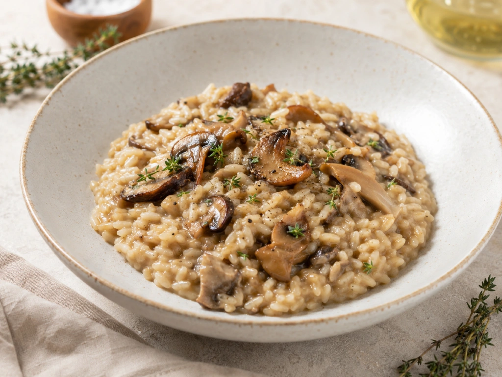 Risotto de setas cremoso con calabaza y esp&aacute;rragos verdes, terminado con parmesano, servido en cuenco blanco sobre fondo neutro y luz natural.