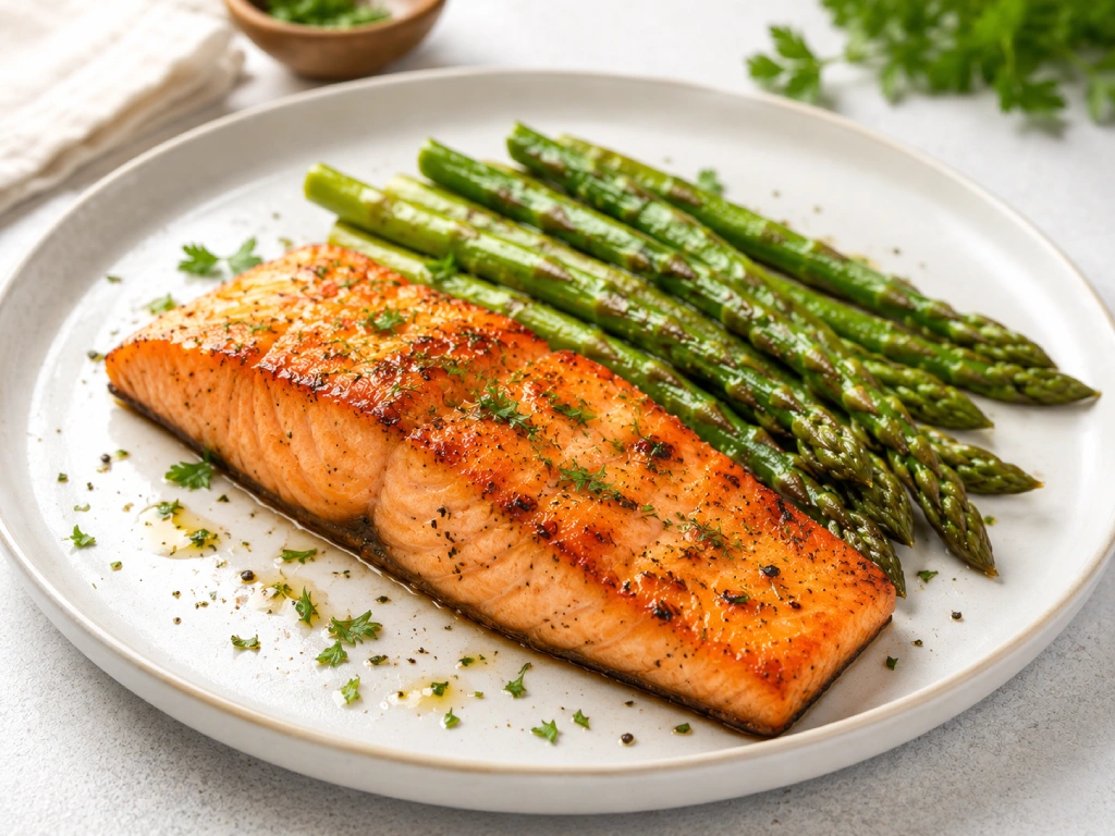Salm&oacute;n marinado con esp&aacute;rragos verdes a la plancha, servido en plato blanco con acabado gourmet y luz natural.