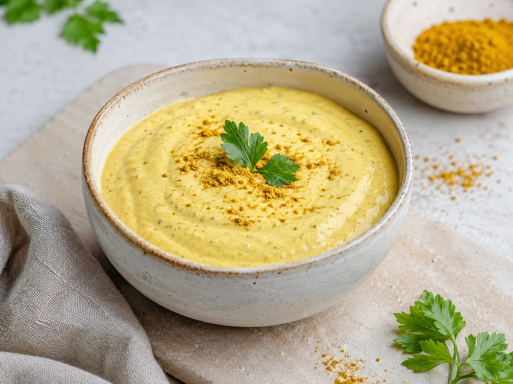 Salsa de yogur al curry cremosa y ligera en cuenco blanco, con perejil y un toque de curry, fotograf&iacute;a muy luminosa sobre fondo neutro.