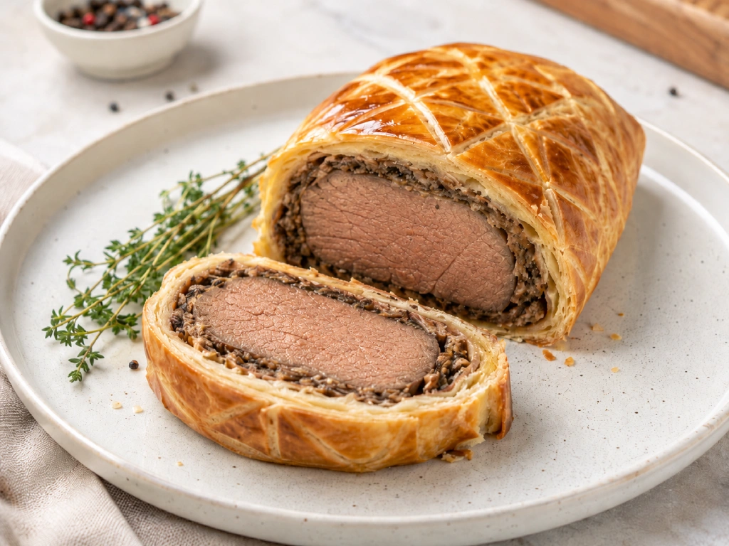Solomillo Wellington de ternera con hojaldre dorado y cebolla caramelizada, cortado en rebanadas y servido en plato.