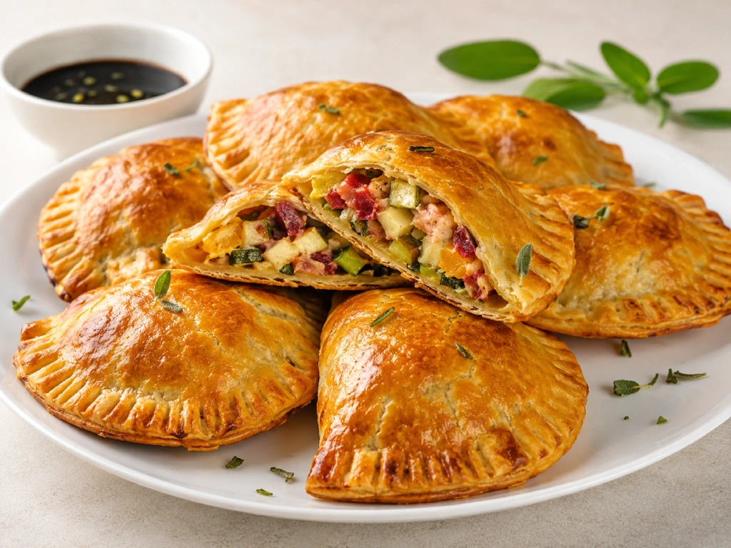 Sorpresas de verdura horneadas tipo empanadillas, doradas y crujientes, una abierta con relleno de remolacha, calabac&iacute;n, manzana y queso de Burgos, con cuenco de salsa de soja al fondo