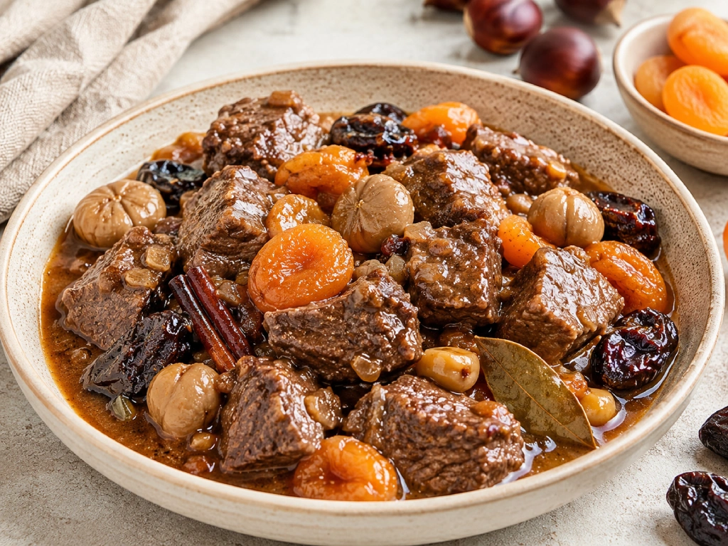 Ternera con frutos secos en salsa, guiso meloso con casta&ntilde;as, orejones y ciruelas, servido en plato claro con luz natural y fondo neutro