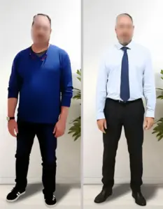 Comparativa antes y después de hombre tras proceso de cambio de hábitos con seguimiento nutricional profesional.