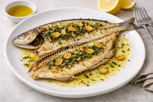 Lubina a la espalda a la plancha con piel crujiente, aceite de oliva y perejil, emplatada en plato blanco con fondo neutro.