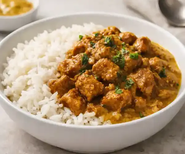 Pollo al curry y arroz basmati servido en bol blanco, salsa cremosa dorada y arroz suelto, presentación gourmet y luminosa.