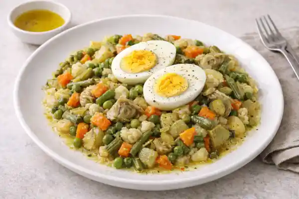 Menestra con huevo duro servida en plato blanco, verduras tiernas con aceite de oliva y dos mitades de huevo duro por encima, fotograf&iacute;a luminosa en fondo neutro.