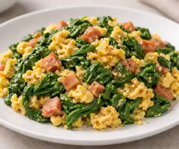 Revuelto de espinacas con jamón en plato blanco, huevos cremosos y espinacas salteadas, presentación gourmet luminosa.