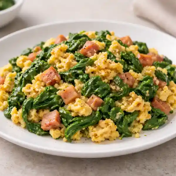 Revuelto de espinacas con jam&oacute;n en plato blanco, huevos cremosos y espinacas salteadas, presentaci&oacute;n gourmet luminosa.