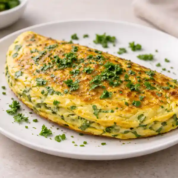 Tortilla a las finas hierbas esponjosa y dorada en plato blanco, con perejil y cebollino frescos, fotograf&iacute;a luminosa estilo gourmet.