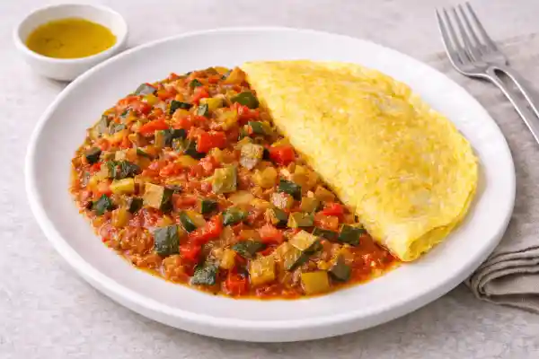 Pisto con tortilla francesa servido en plato blanco: pisto casero caliente y tortilla francesa dorada, fotografía luminosa con fondo neutro.