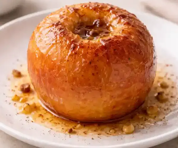 Manzana asada al horno con piel brillante y pulpa tierna, presentada en plato blanco sobre fondo neutro, estilo gourmet luminoso.