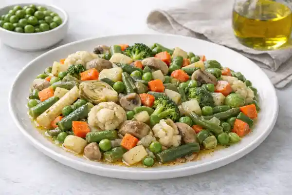 Menestra de verduras casera con zanahoria, jud&iacute;as verdes, alcachofas, coles de Bruselas, esp&aacute;rragos y guisantes servida caliente.