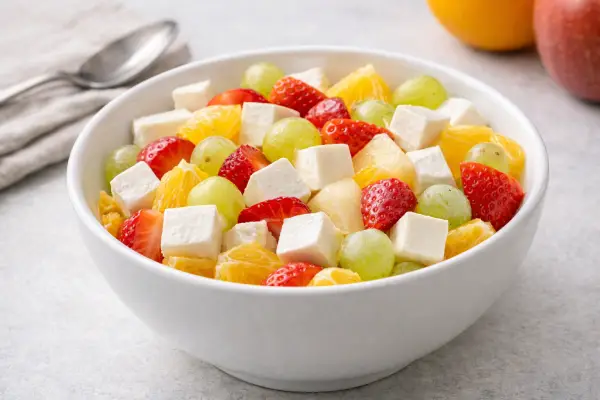 Dos piezas de fruta y queso fresco en bol blanco, con fruta de temporada troceada y dados de queso fresco tipo Burgos, fotografía luminosa y realista