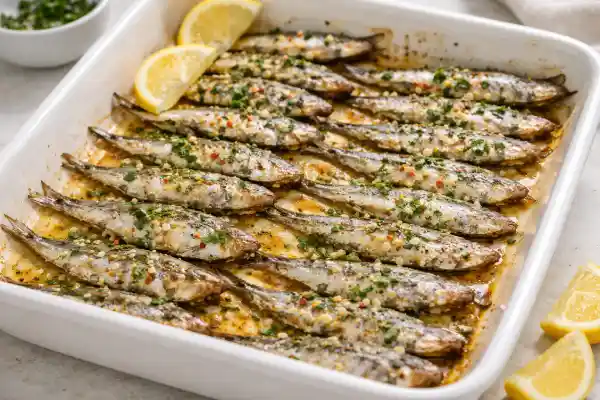 Boquerones al horno con ajo picado, perejil y aceite de oliva en fuente blanca, con acabado ligeramente dorado