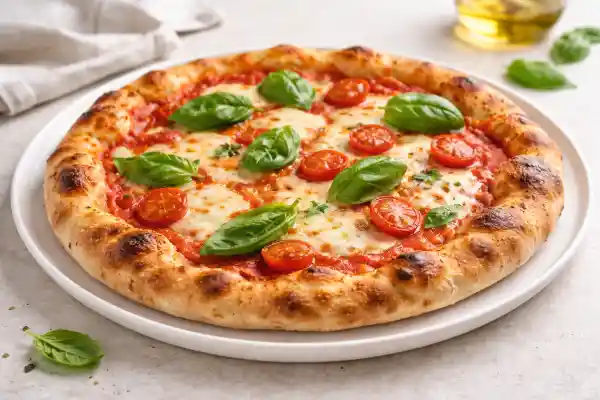 Pizza casera napolitana con borde dorado, tomate triturado, mozzarella fresca fundida y albahaca, en plato blanco con luz natural.