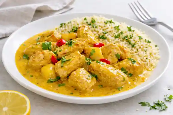 Pollo al curry con salsa de mango servido con cusc&uacute;s cocido en plato blanco, foto luminosa y realista con estilo gourmet