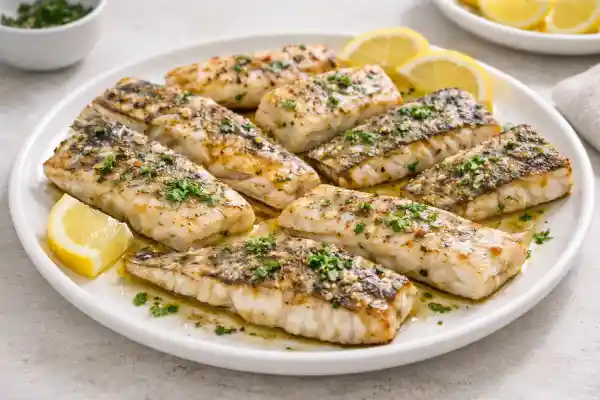 Filetes de pescado blanco a la plancha con limón, ajo, perejil y aceite de oliva sobre plato blanco