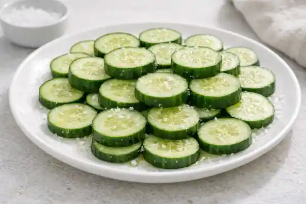 Rodajas de pepino fresco con sal en plato blanco sobre fondo neutro y luz natural