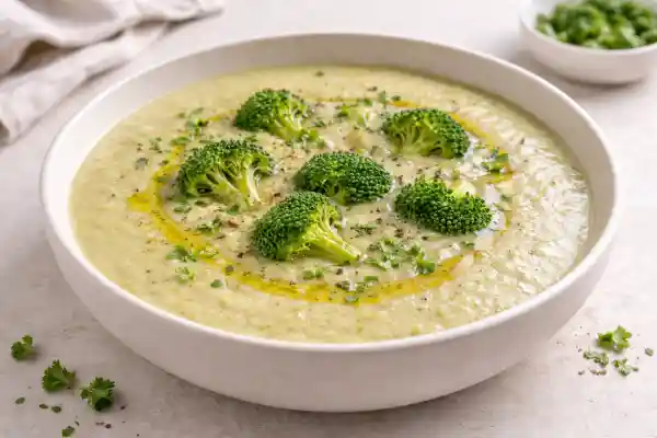 Crema de coliflor y br&oacute;coli en cuenco blanco, textura suave y cremosa con ramilletes de br&oacute;coli, aceite de oliva y pimienta, foto luminosa.