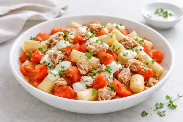 Tomate picado con esp&aacute;rragos blancos y at&uacute;n al natural, con salsa de yogur por encima, servido en bol blanco con luz natural muy luminosa
