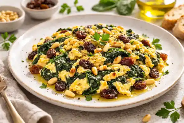 Revuelto de espinacas con pasas y piñones en plato blanco, con huevo cremoso y acabado brillante