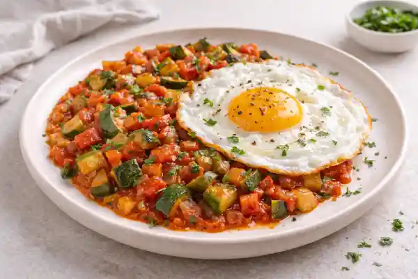 Pisto casero con huevo a la plancha, con verduras en salsa de tomate y huevo con yema brillante, servido en plato blanco con luz natural.