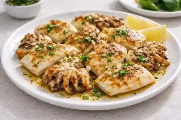 Sepia a la plancha dorada con ajo y perejil, servida en plato blanco con limón