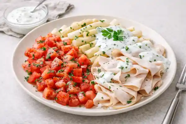 Tomate picado con espárragos blancos y fiambre de pavo, servido en plato con salsa de yogur cremosa